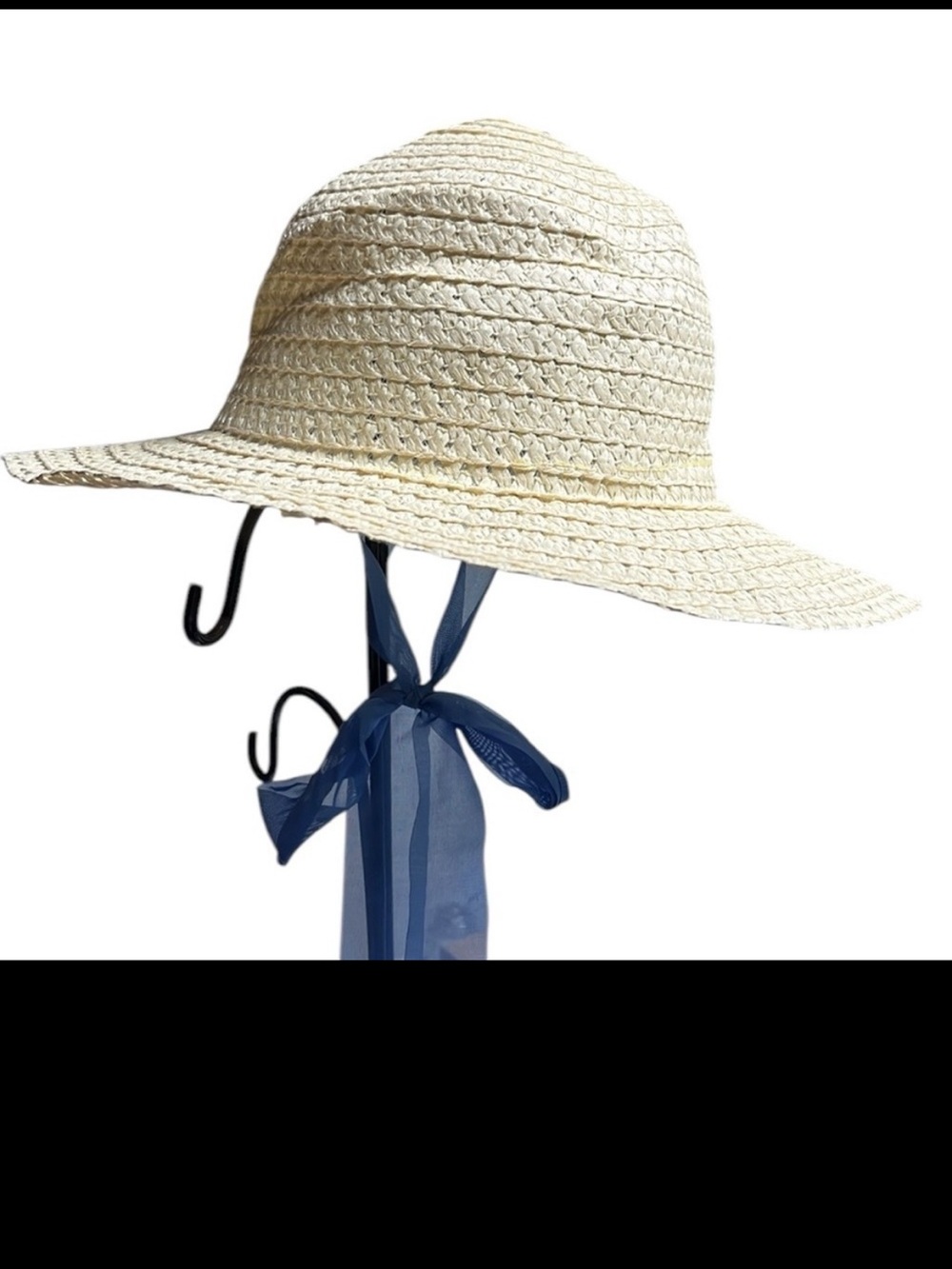 Women’s Wide Brim Sun Hat Beige Paper Straw Look Blue Ribbon Tie One Size